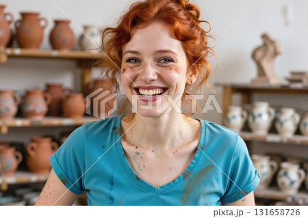 Smiling woman with clay stains. 131658726