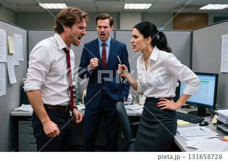 Colleagues arguing in office cubicle. 131658728