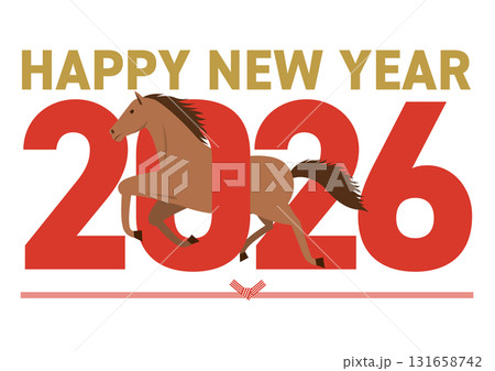 2026年の数字をくぐる午とhappy new yearの挨拶が書かれた正月イラスト 2026年の数字をくぐる午とhappy new yearの挨拶が書かれた正月イラスト 131658742