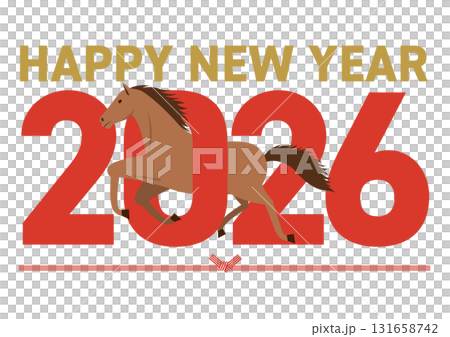 2026年の数字をくぐる午とhappy new yearの挨拶が書かれた正月イラスト 2026年の数字をくぐる午とhappy new yearの挨拶が書かれた正月イラスト 131658742