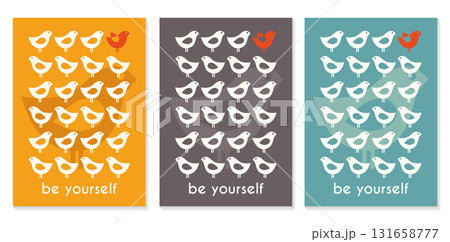 Be yourself inspirational quote poster template with small birds. Single words. Design print for t shirt, pin label, badges, sticker, greeting card, banner. Vector illustrations 131658777