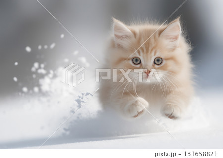 Adorable Persian kitten jumping in snow, playful and fluffy feline portrait Adorable Persian kitten jumping in snow, playful and fluffy feline portrait 131658821