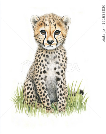 Cute Cheetah Cub Illustration with Spots and Grass in Natural Wildlife Art 131658836