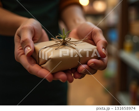 Close-up of Hands Holding a Small, Rustic Gift Wrapped in Brown Kraft Paper and Tied with Twine and Greenery. Close-up of Hands Holding a Small, Rustic Gift Wrapped in Brown Kraft Paper and Tied with Twine and Greenery. 131658974