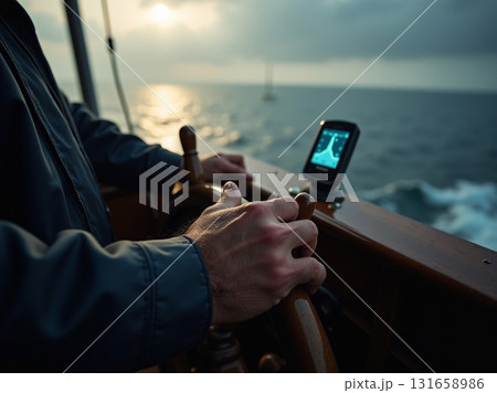 A sea captain navigates the boat using the wooden helm and a modern digital GPS device at sunset. 131658986