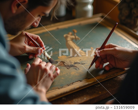 Two Artists Collaborating to Restore or Add Detail to a Classical Vintage Painting with Fine Brushes. 131659009