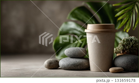 disposable coffee cup standing on a table 131659178