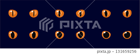 Set of orange glowing eyes dark background fantasy magic cartoon animal reptile feline mammal monster demon 131659256