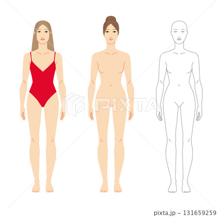 Vector illustration of a 7 head woman in red and without swimsuit, displaying front view style. Perfect for fashion Vector illustration of a 7 head woman in red and without swimsuit, displaying front view style. Perfect for fashion 131659259