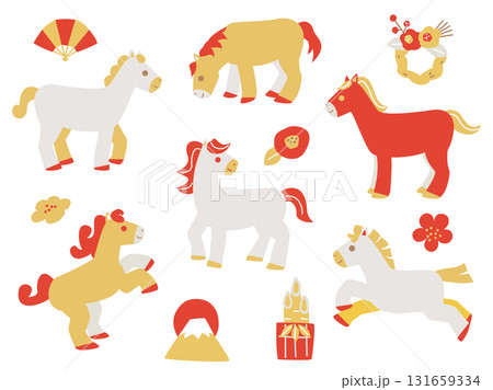 午年の年賀状などに使える馬と正月飾りなどの金・銀・赤のイラスト 131659334