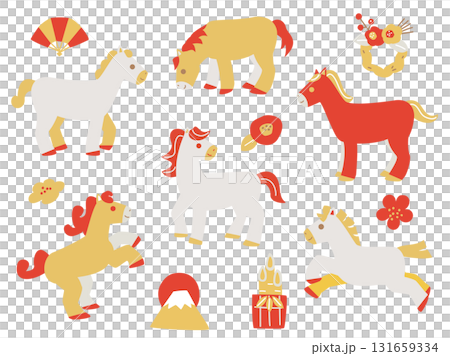 午年の年賀状などに使える馬と正月飾りなどの金・銀・赤のイラスト 131659334