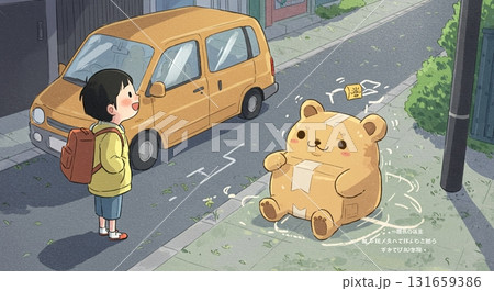 ぬいぐるみを拾う。軽バンが走る道で見つけた落とし物（絵本風） 131659386