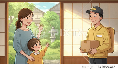 玄関先に荷物をお届け。軽バンと男性配達員の絵本風イラスト 玄関先に荷物をお届け。軽バンと男性配達員の絵本風イラスト 131659387