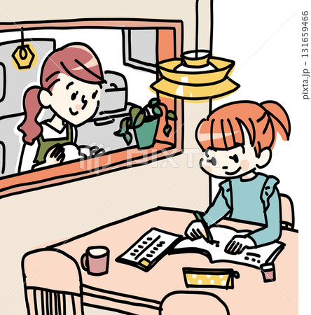 ダイニングテーブルで勉強する子供と母 131659466