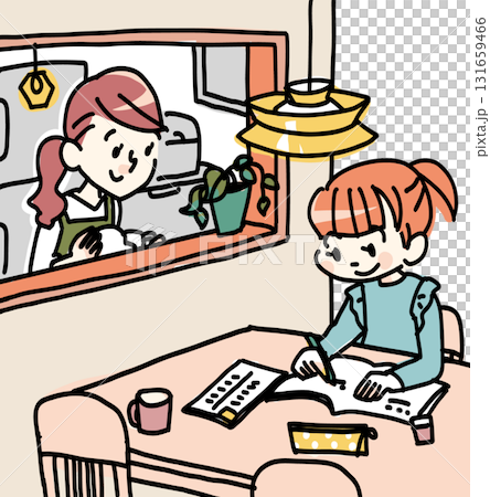 Child and mother studying at the dining table 131659466