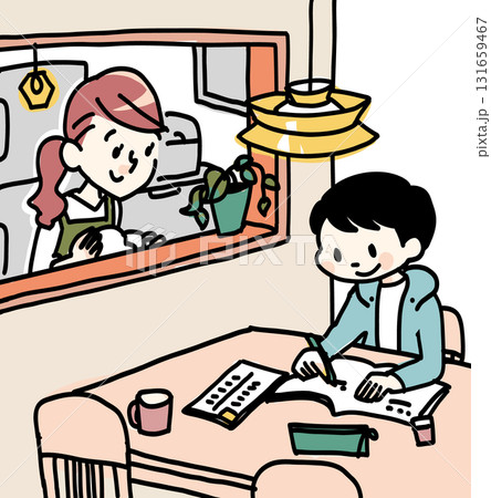 ダイニングテーブルで勉強する子供と母 131659467