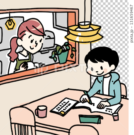 ダイニングテーブルで勉強する子供と母 131659467