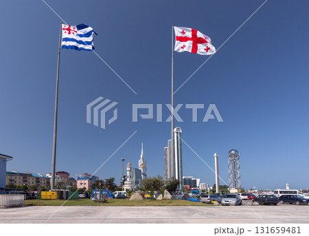 Batumi cityscape with Georgian flags in Batumi Georgia Batumi cityscape with Georgian flags in Batumi Georgia 131659481