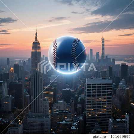 夕暮れの摩天楼に浮かぶ、巨大で輝く青い野球ボール 131659693