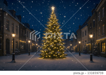 雪降る夜の街と輝くクリスマスツリー 雪降る夜の街と輝くクリスマスツリー 131659739