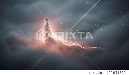 An Ethereal Figure Hovers Gracefully, Surrounded by Enveloping Mystical Clouds and Soft Light 131659833