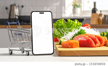 画面が白い携帯電話とショッピングカート　背景：キッチン　AI生成素材 131659850