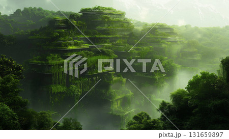 人類が滅亡し植物に侵食された未来都市 131659897