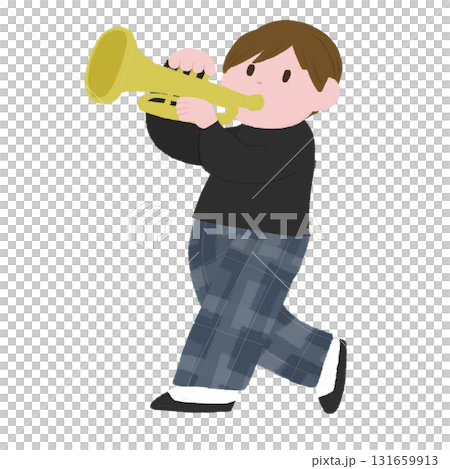 Hand-drawn color illustration of a person playing the trumpet 131659913