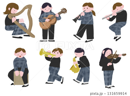 いろんな楽器を演奏する人たちの手描きカラーイラストセット 131659914