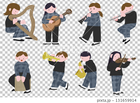 いろんな楽器を演奏する人たちの手描きカラーイラストセット 131659914
