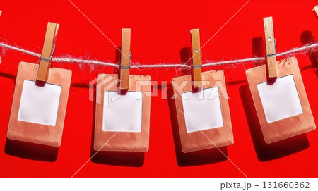 Empty photo frames on clothesline with red background 131660362
