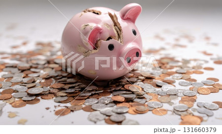 Broken piggy bank with scattered coins on white background Broken piggy bank with scattered coins on white background 131660379