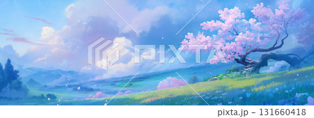 桜の木と草原の風景、コピースペース 桜の木と草原の風景、コピースペース 131660418