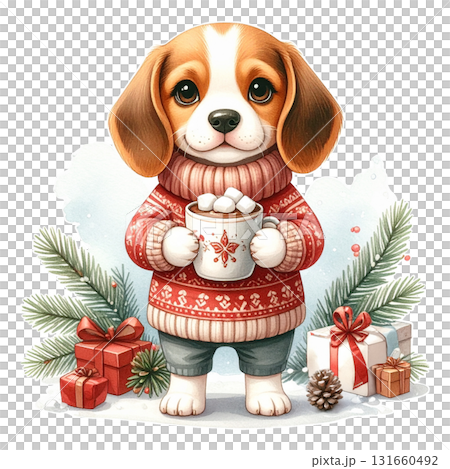 赤いセーターを着たビーグルがホットチョコレートを持つクリスマスイラスト2／チラシやポスター用素材 131660492