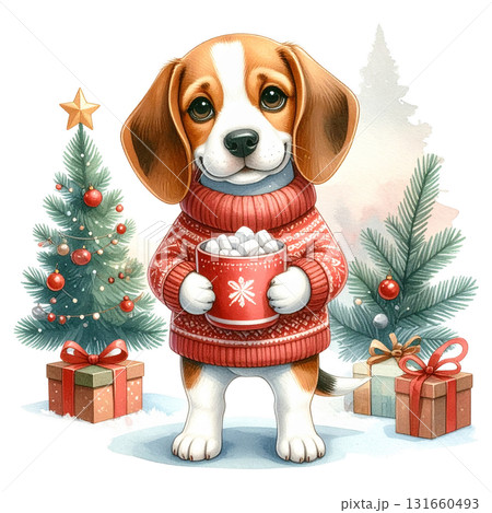 赤いセーターを着たビーグルがホットチョコレートを持つクリスマスイラスト1/チラシやポスター用素材 赤いセーターを着たビーグルがホットチョコレートを持つクリスマスイラスト1/チラシやポスター用素材 131660493