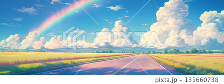 夏のアスファルトの道の風景、アニメ風 131660738