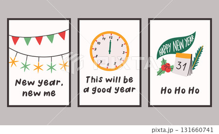 Collection of three simple New Year and Christmas posters. Trendy winter vector poster set with quotes. Hand drawn doodle cozy posters for home decor and interior. Collection of three simple New Year and Christmas posters. Trendy winter vector poster set with quotes. Hand drawn doodle cozy posters for home decor and interior. 131660741