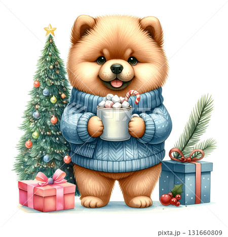 青いセーターを着たふわふわ子犬がホットチョコレートを持つクリスマスイラスト4／チラシやポスター用素材 131660809