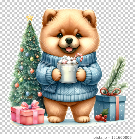 青いセーターを着たふわふわ子犬がホットチョコレートを持つクリスマスイラスト4／チラシやポスター用素材 131660809