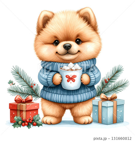 青いセーターを着たふわふわ子犬がホットチョコレートを持つクリスマスイラスト1/チラシやポスター用素材 青いセーターを着たふわふわ子犬がホットチョコレートを持つクリスマスイラスト1/チラシやポスター用素材 131660812