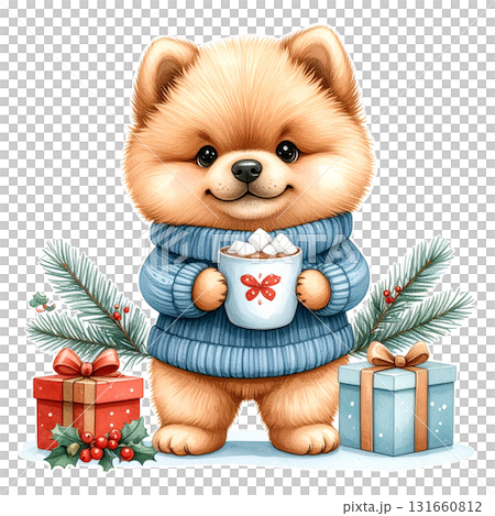 青いセーターを着たふわふわ子犬がホットチョコレートを持つクリスマスイラスト1/チラシやポスター用素材 青いセーターを着たふわふわ子犬がホットチョコレートを持つクリスマスイラスト1/チラシやポスター用素材 131660812