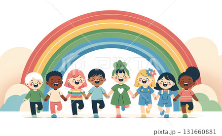 虹の上で手をつなぐ子どもたちのイラスト（かわいい笑顔・保育・教育・友情） 131660881