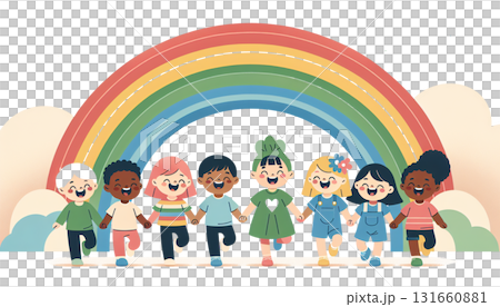 虹の上で手をつなぐ子どもたちのイラスト（かわいい笑顔・保育・教育・友情） 131660881