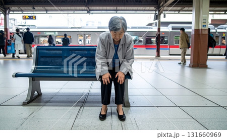 膝の痛みで駅のベンチから立ち上がれない高齢者のイメージ  シニア女性の日常生活 膝の痛みで駅のベンチから立ち上がれない高齢者のイメージ  シニア女性の日常生活 131660969