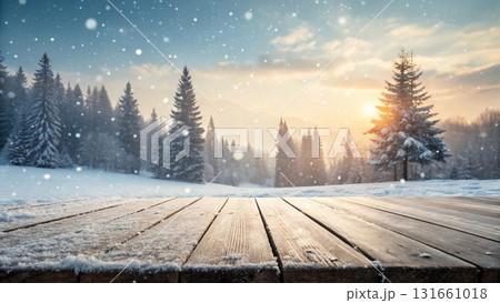 A beautiful winter landscape with softly falling snow  a wooden deck in the foreground 131661018
