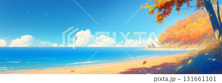 秋の紅葉とビーチの風景、アニメ風 秋の紅葉とビーチの風景、アニメ風 131661101