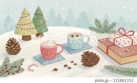 A cozy watercolor illustration of small Christmas trees in pots surrounded by snow 131661152