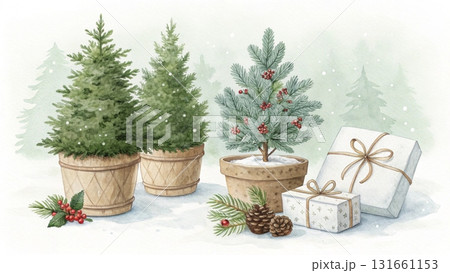 A cozy watercolor illustration of small Christmas trees in pots surrounded by snow 131661153