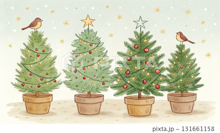 A cozy watercolor illustration of small Christmas trees in pots surrounded by snow 131661158