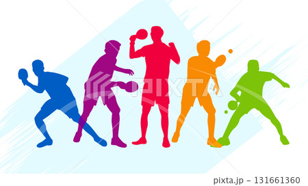 Colorful Table Tennis Player Silhouettes Background. Five player silhouettes in dynamic action poses set against a light abstract background with brush stroke effects. 131661360